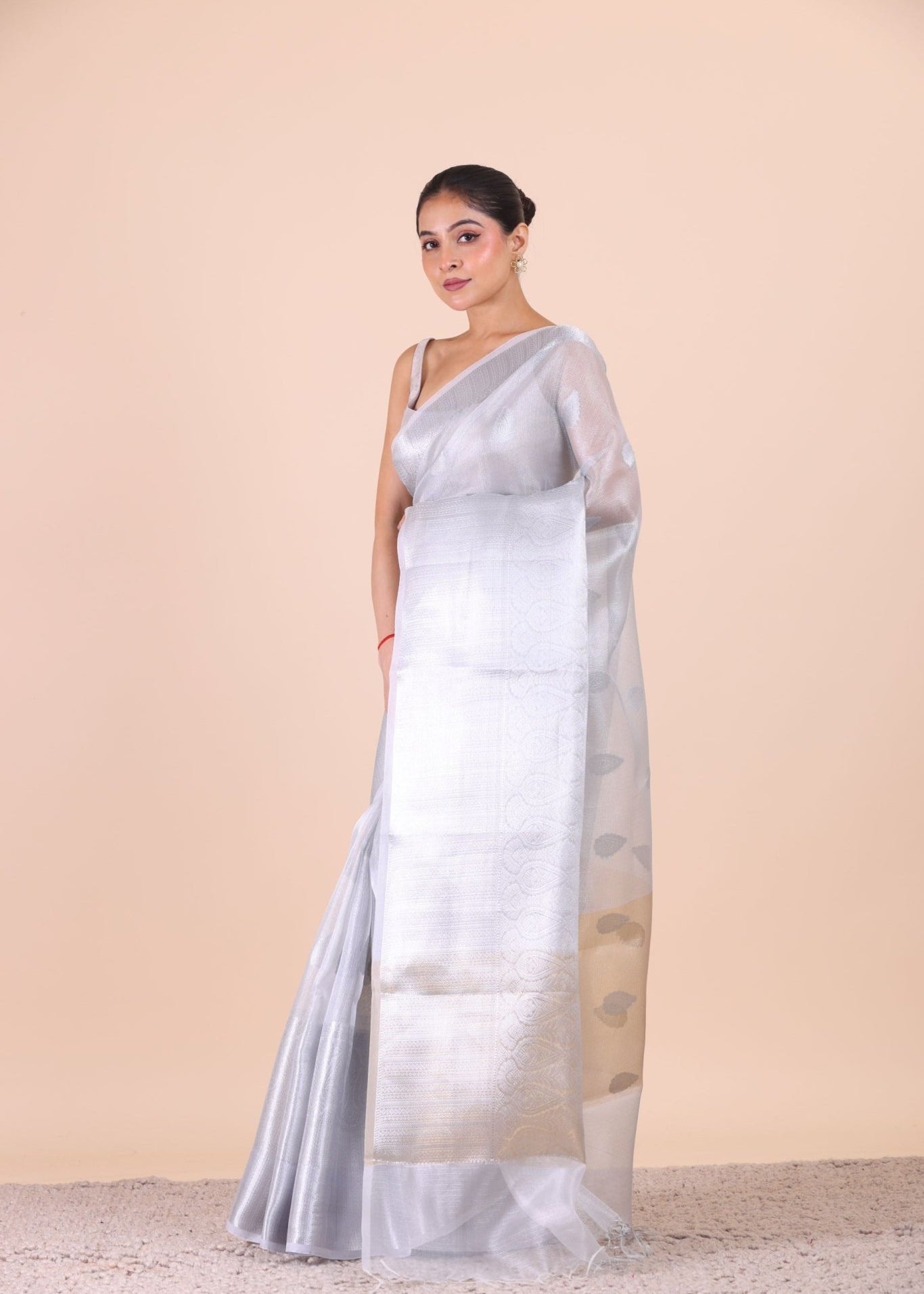 Silver Woven Tissue Silk Saree - Anvi Couture