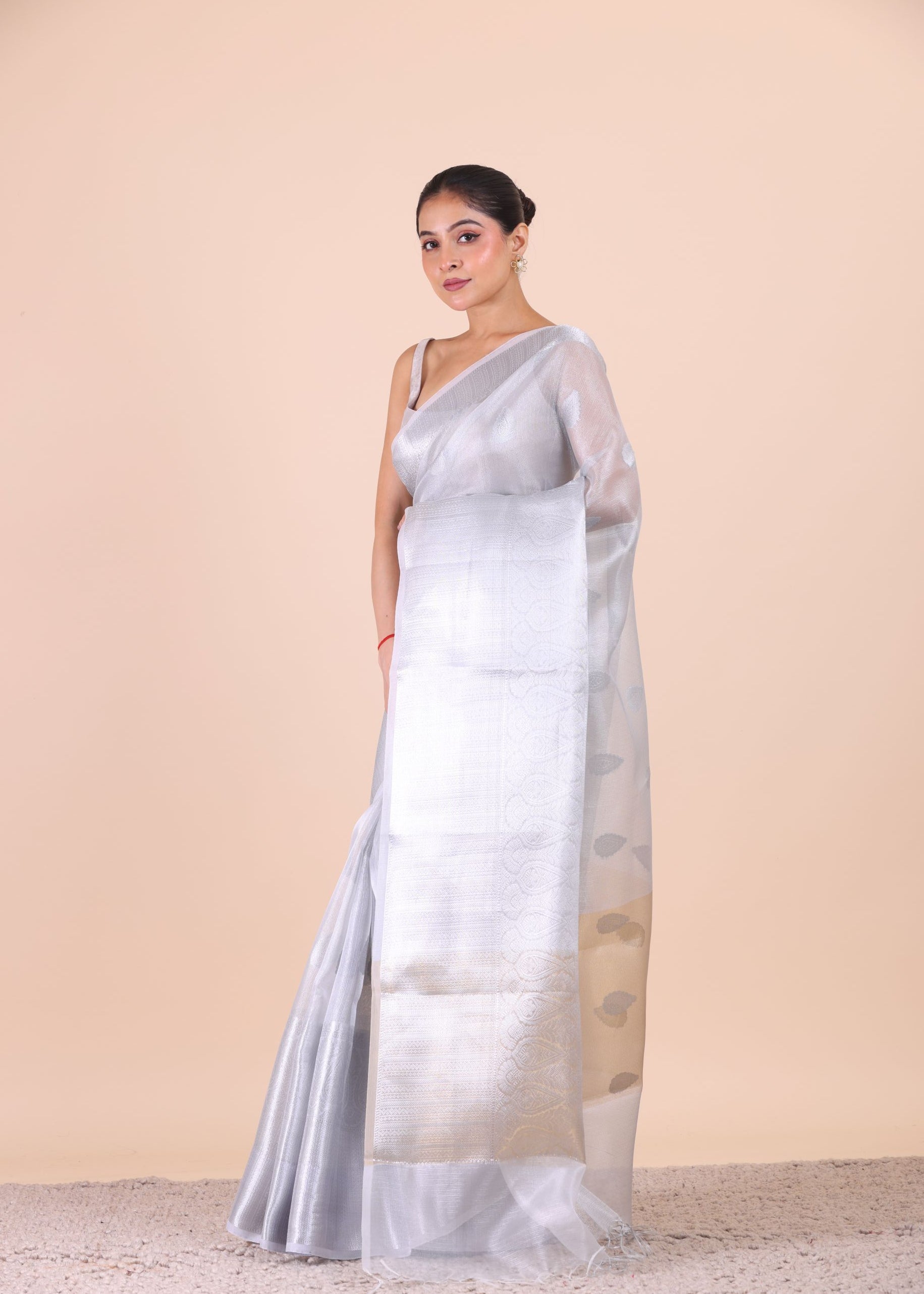 Silver Woven Tissue Silk Saree front