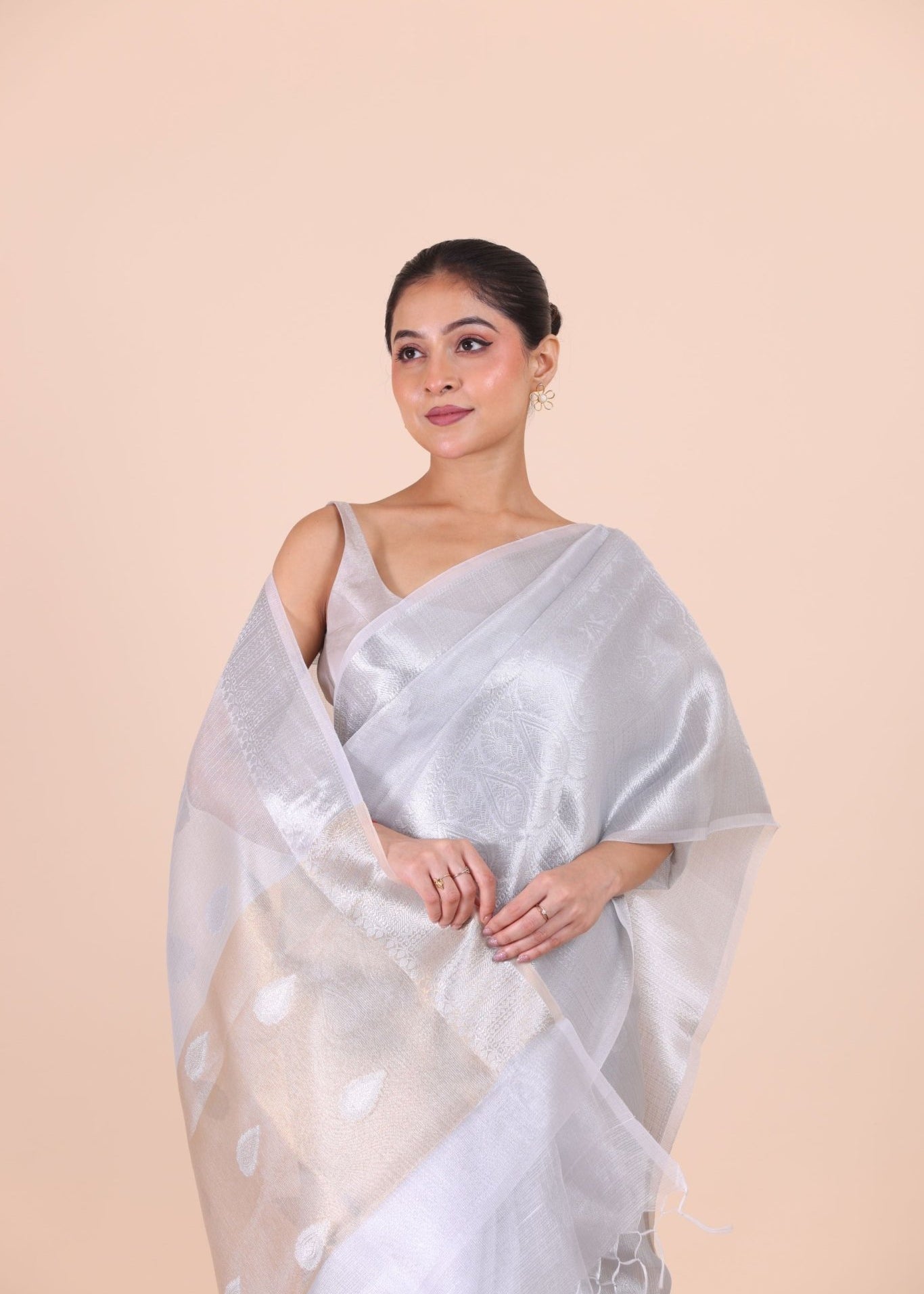 Silver Woven Tissue Silk Saree - Anvi Couture