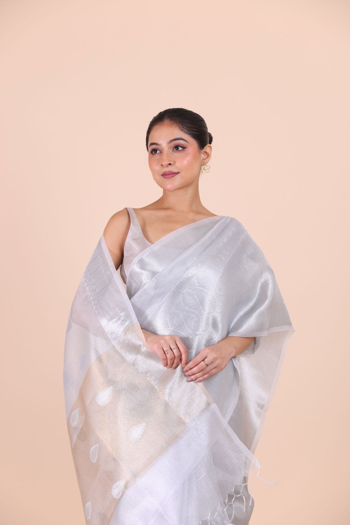 Silver Woven Tissue Silk Saree close up