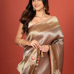 Silver and Gold tissue Silk Saree With Embroidered Work Close Up
