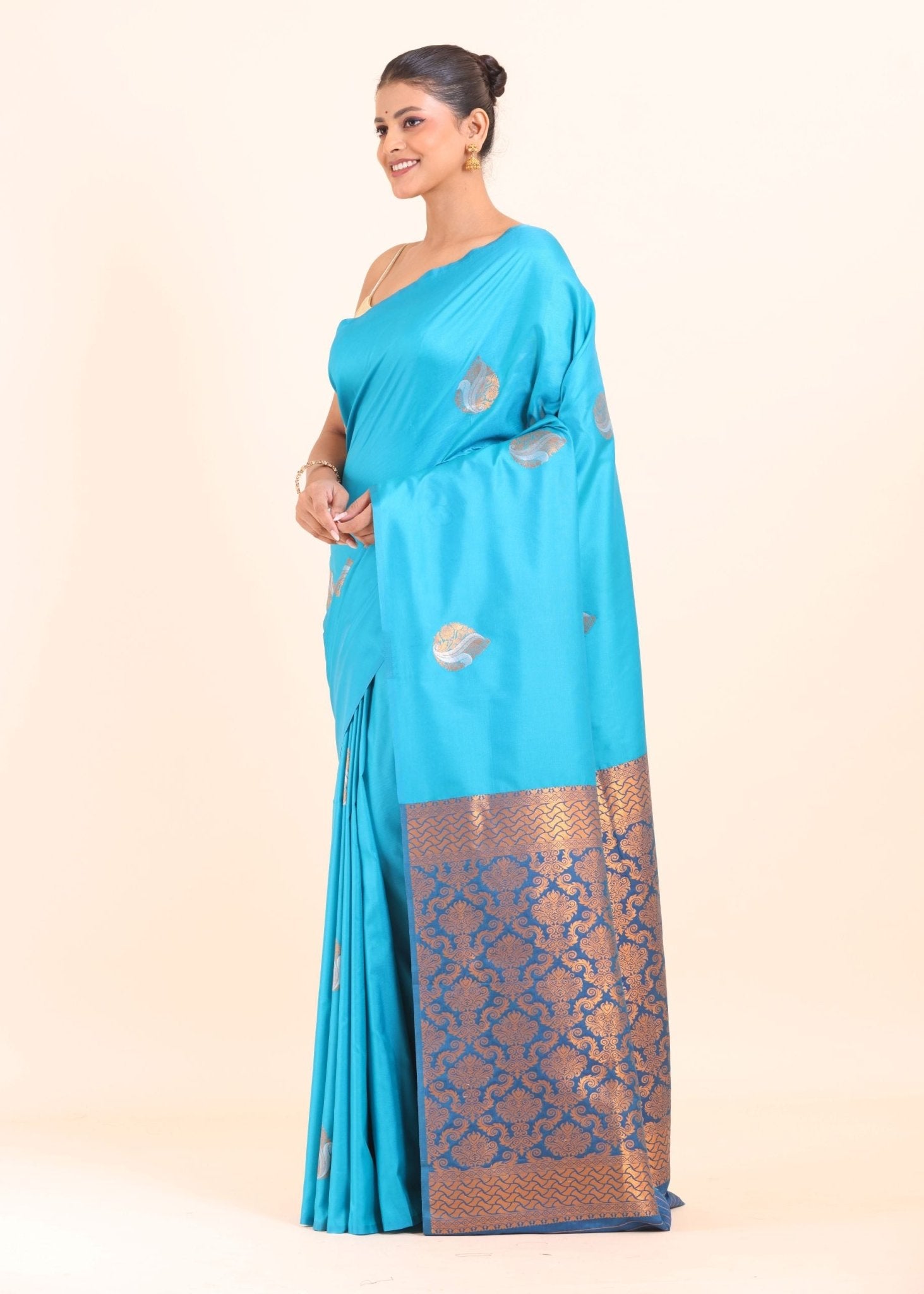 Sky Blue Borderless Kanchipuram Silk Saree - Anvi Couture