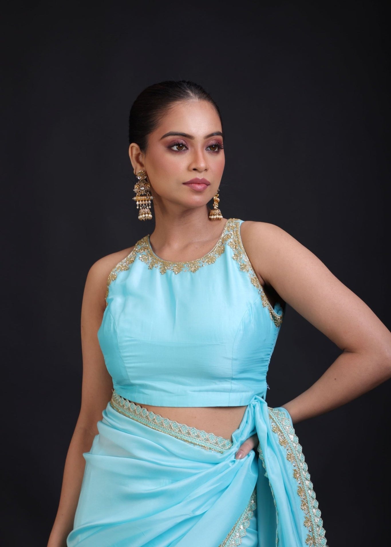Sky Blue Designer Organza Blouse - Anvi Couture