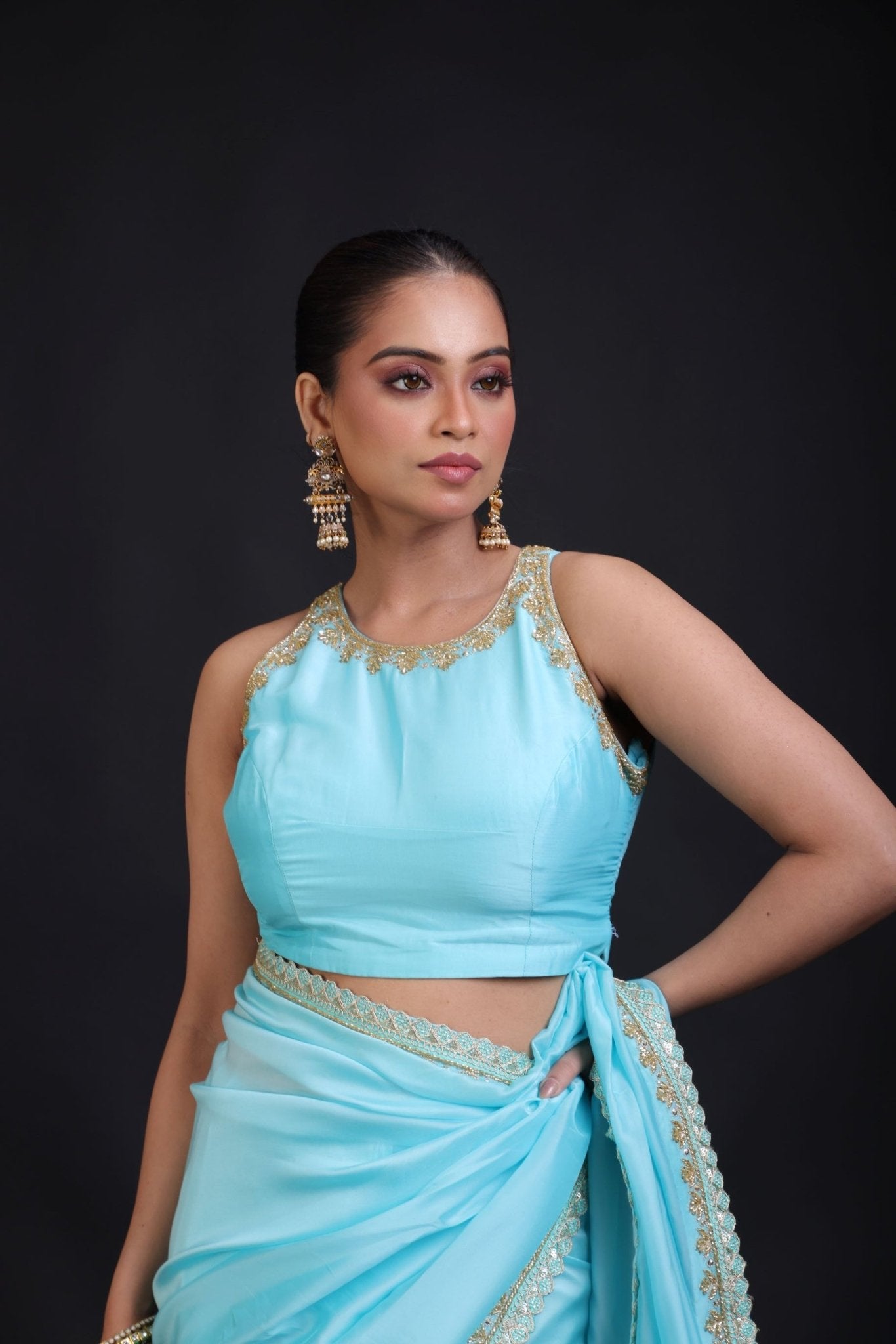 Sky Blue Designer Organza Blouse - Anvi Couture