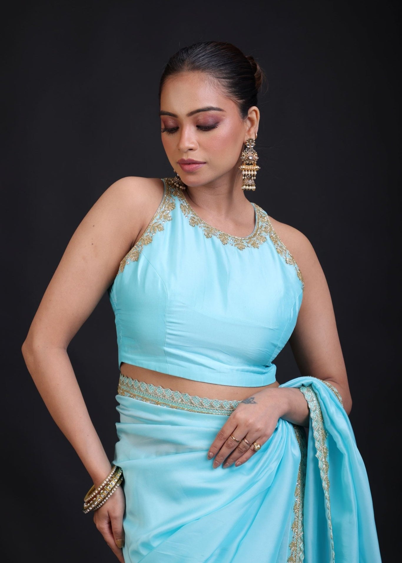 Sky Blue Designer Organza Blouse - Anvi Couture