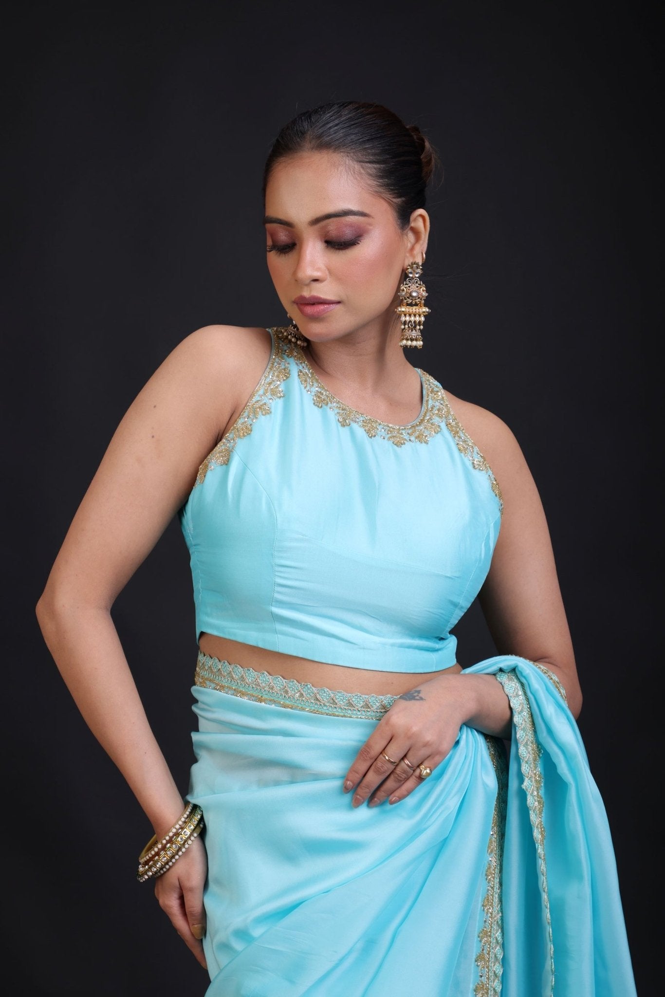 Sky Blue Designer Organza Blouse - Anvi Couture