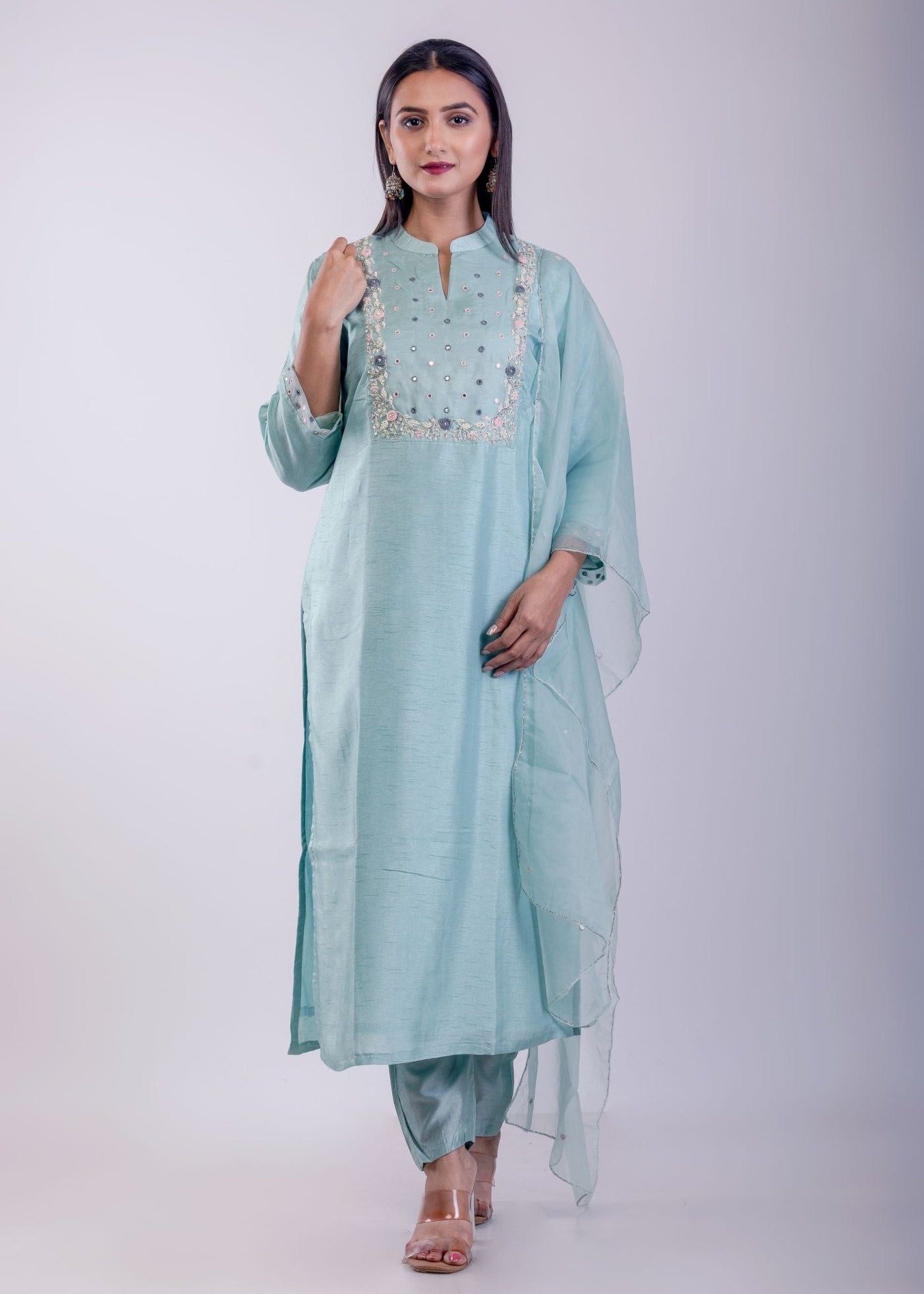 Sky Blue Digital Printed Hand Embroidered Suit Set - Anvi Couture