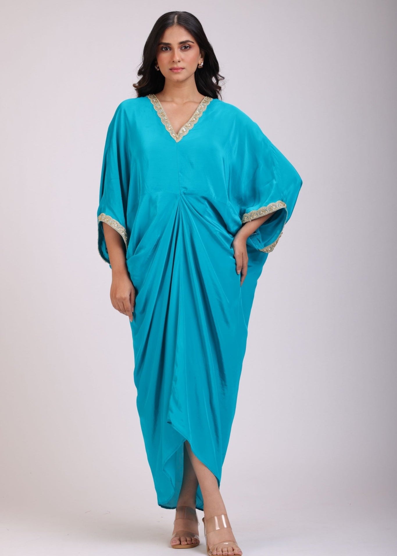 Sky Blue Drape Dress in Crepe Silk - Anvi Couture