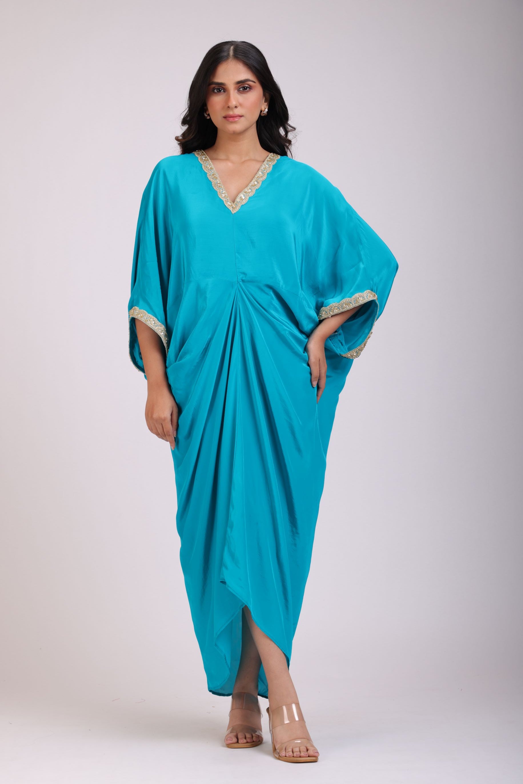 Sky Blue Drape Dress in Crepe Silk full