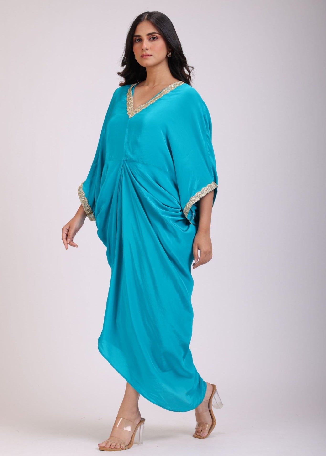 Sky Blue Drape Dress in Crepe Silk - Anvi Couture