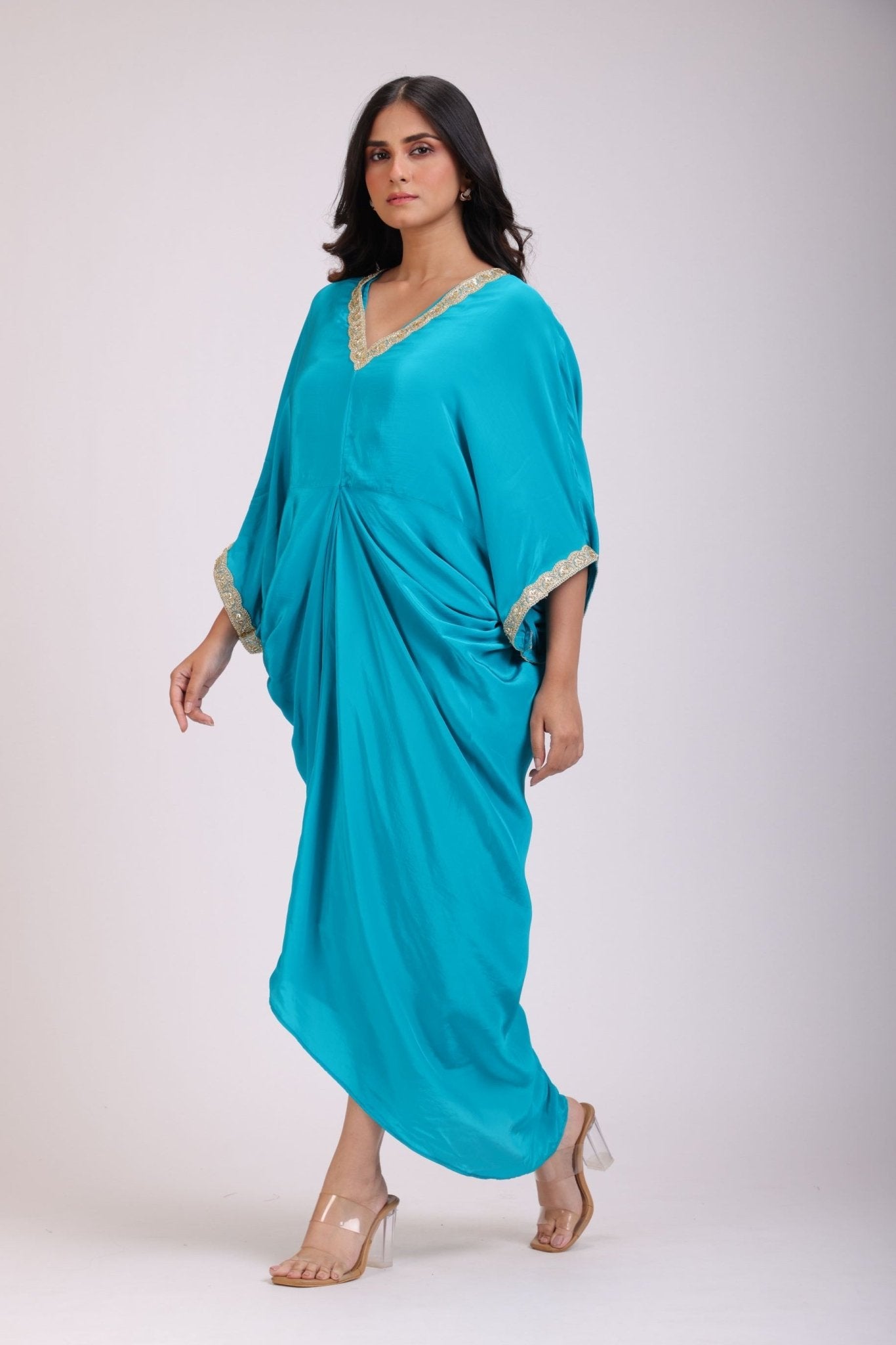 Sky Blue Drape Dress in Crepe Silk - Anvi Couture