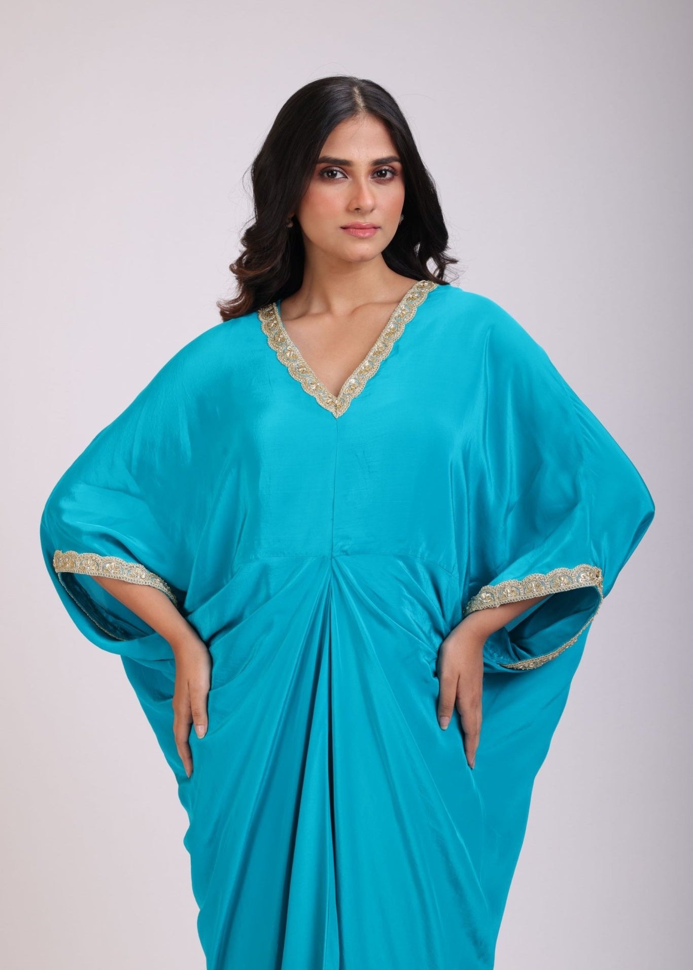 Sky Blue Drape Dress in Crepe Silk - Anvi Couture