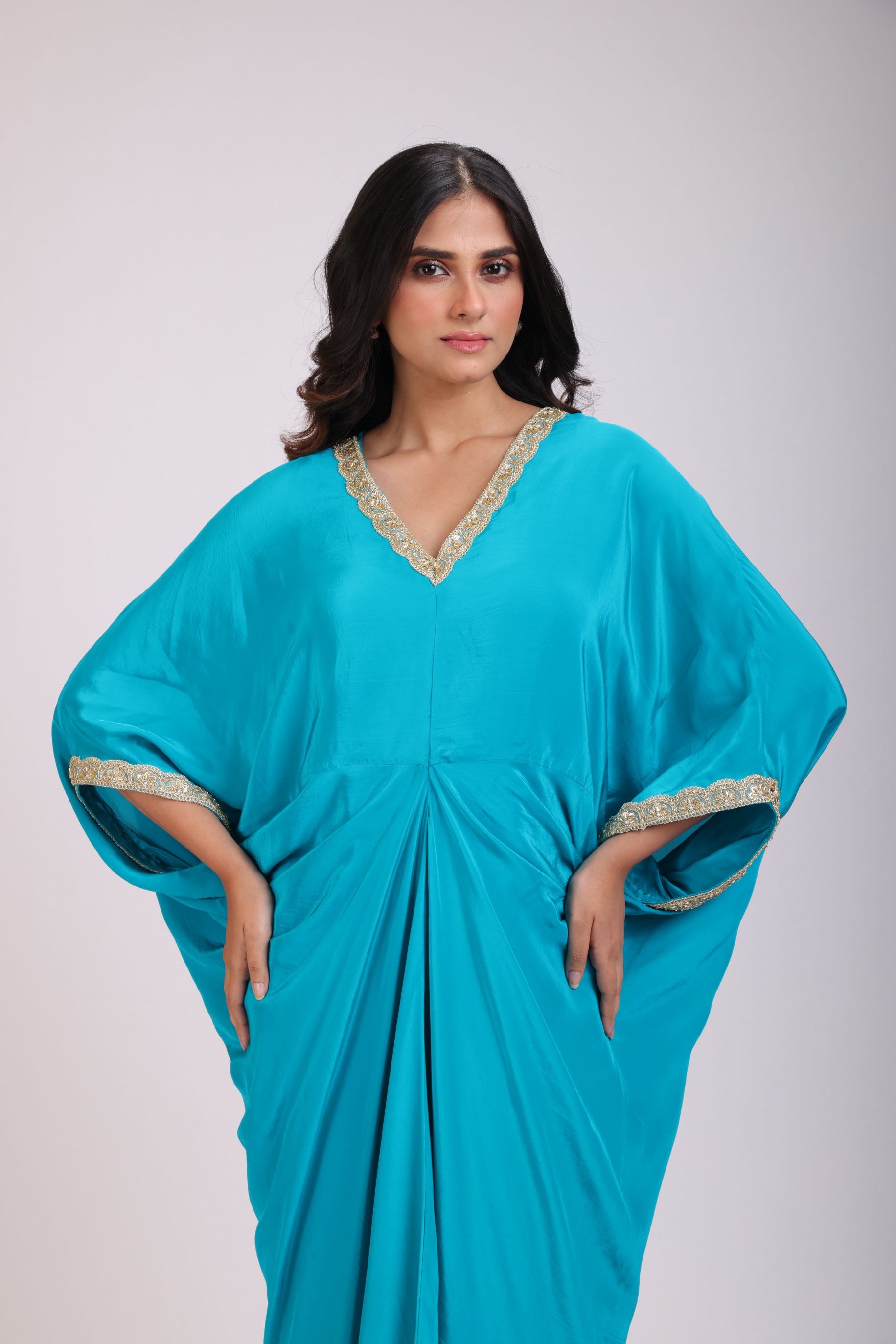 Sky Blue Drape Dress in Crepe Silk close up