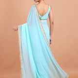 Sky Blue Georgette Saree Blouse Set With Embroidered Work Blouse back view