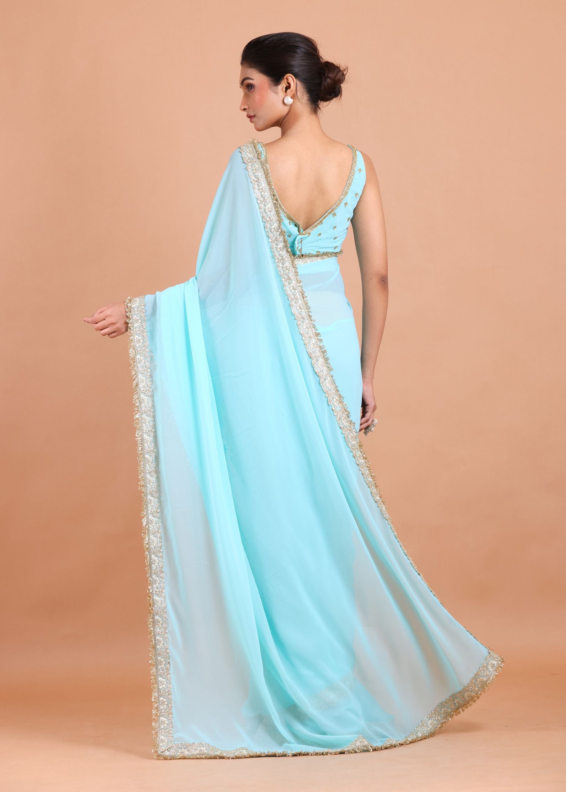 Sky Blue Georgette Saree Blouse Set With Embroidered Work Blouse back view