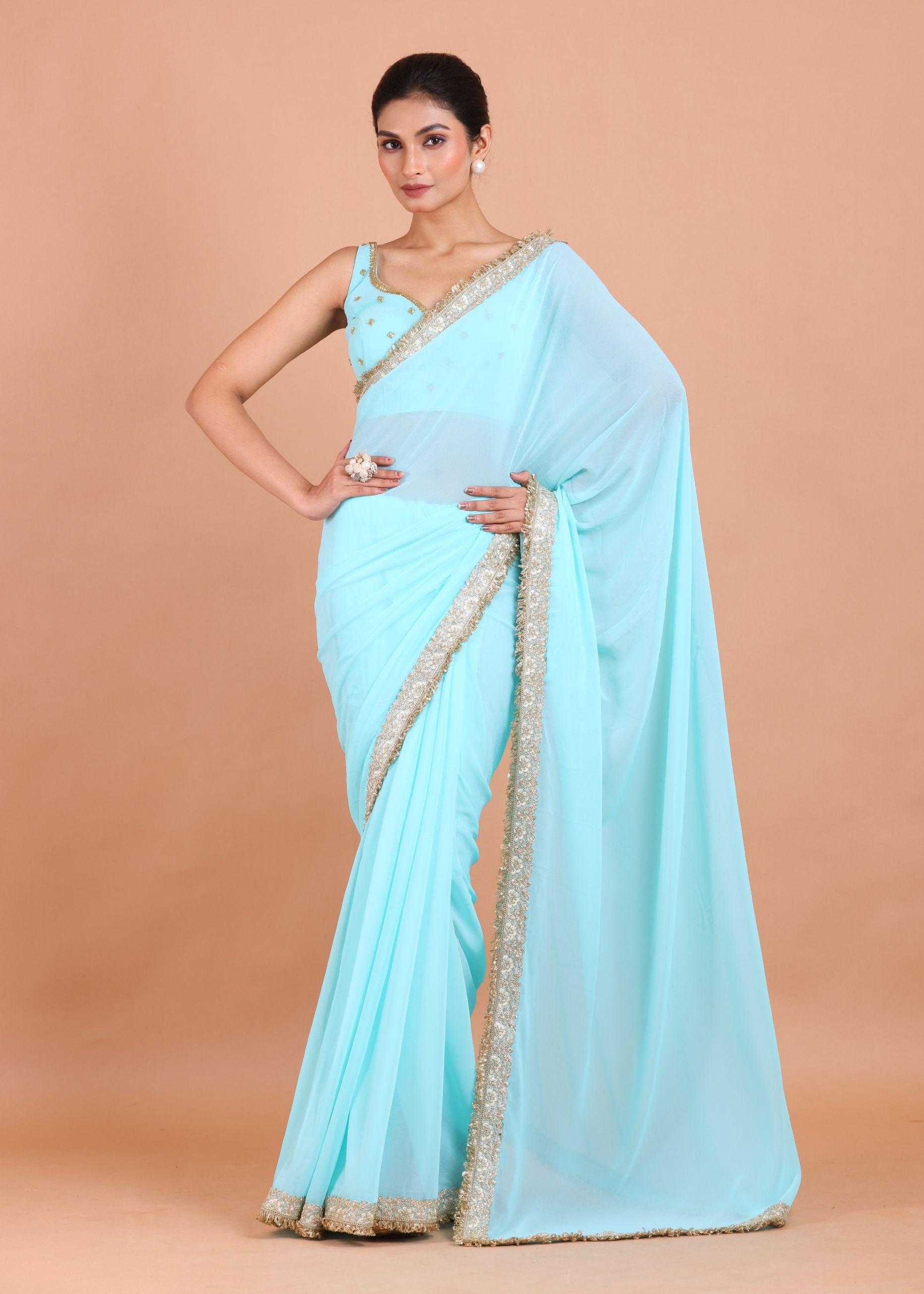 Sky Blue Georgette Saree Blouse Set With Embroidered Work Blouse front view