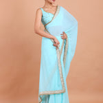 Sky Blue Georgette Saree Blouse Set With Embroidered Work Blouse Side View