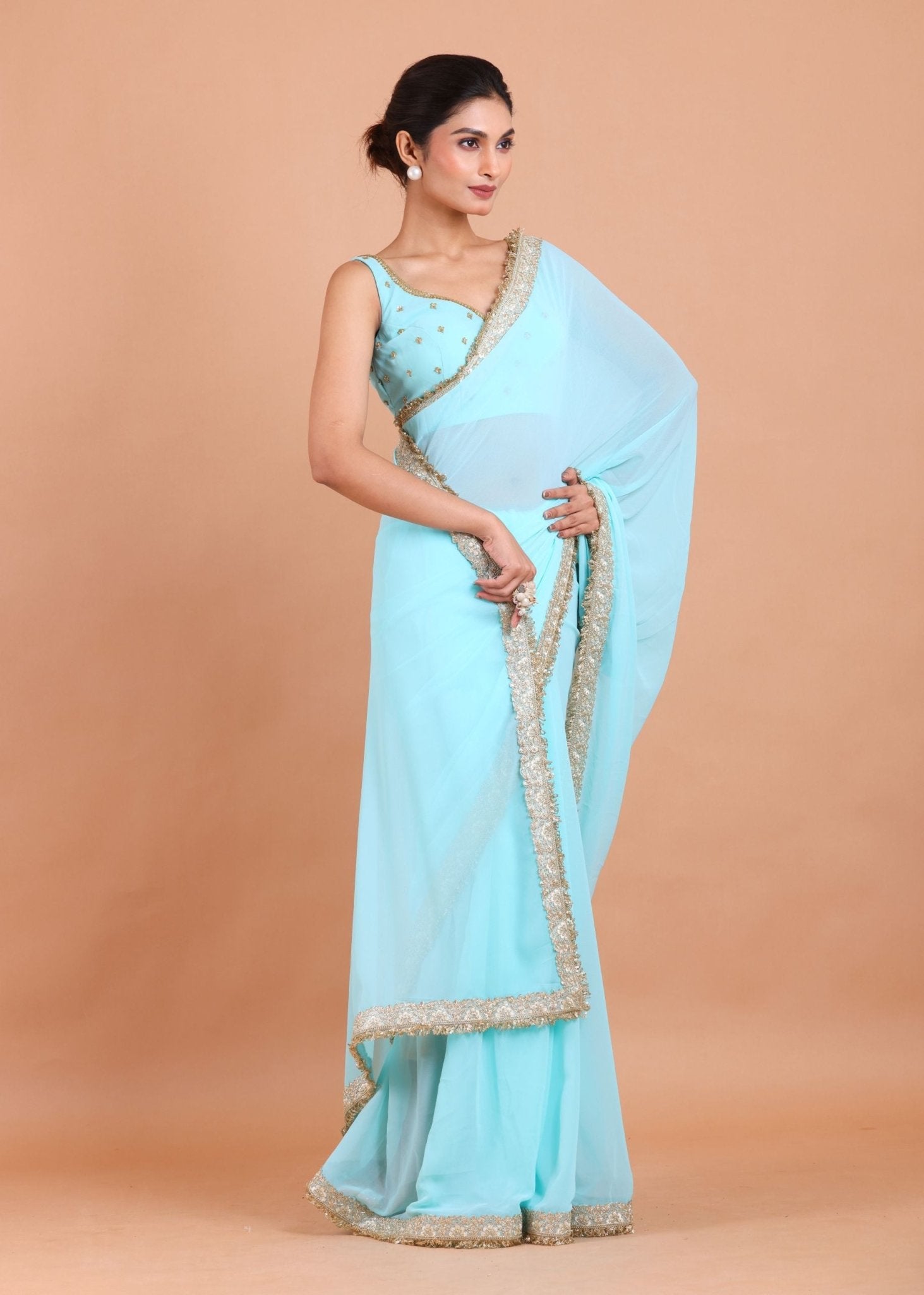 Sky Blue Georgette Saree Blouse Set With Embroidered Work Blouse - Anvi Couture