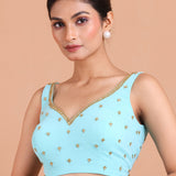 Sky Blue Georgette Saree Blouse Set With Embroidered Work Blouse fornt design