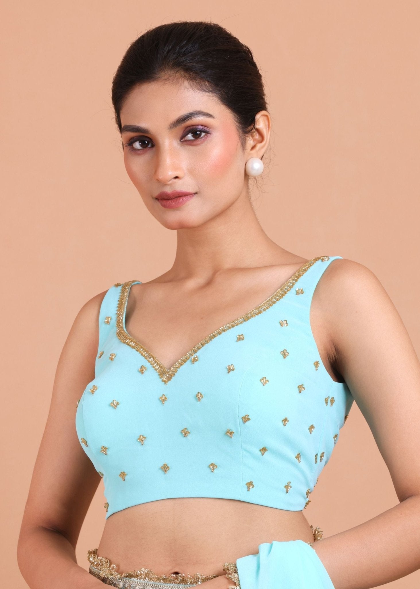 Sky Blue Georgette Saree Blouse Set With Embroidered Work Blouse - Anvi Couture