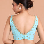 Sky Blue Georgette Saree Blouse Set With Embroidered Work Blouse back design