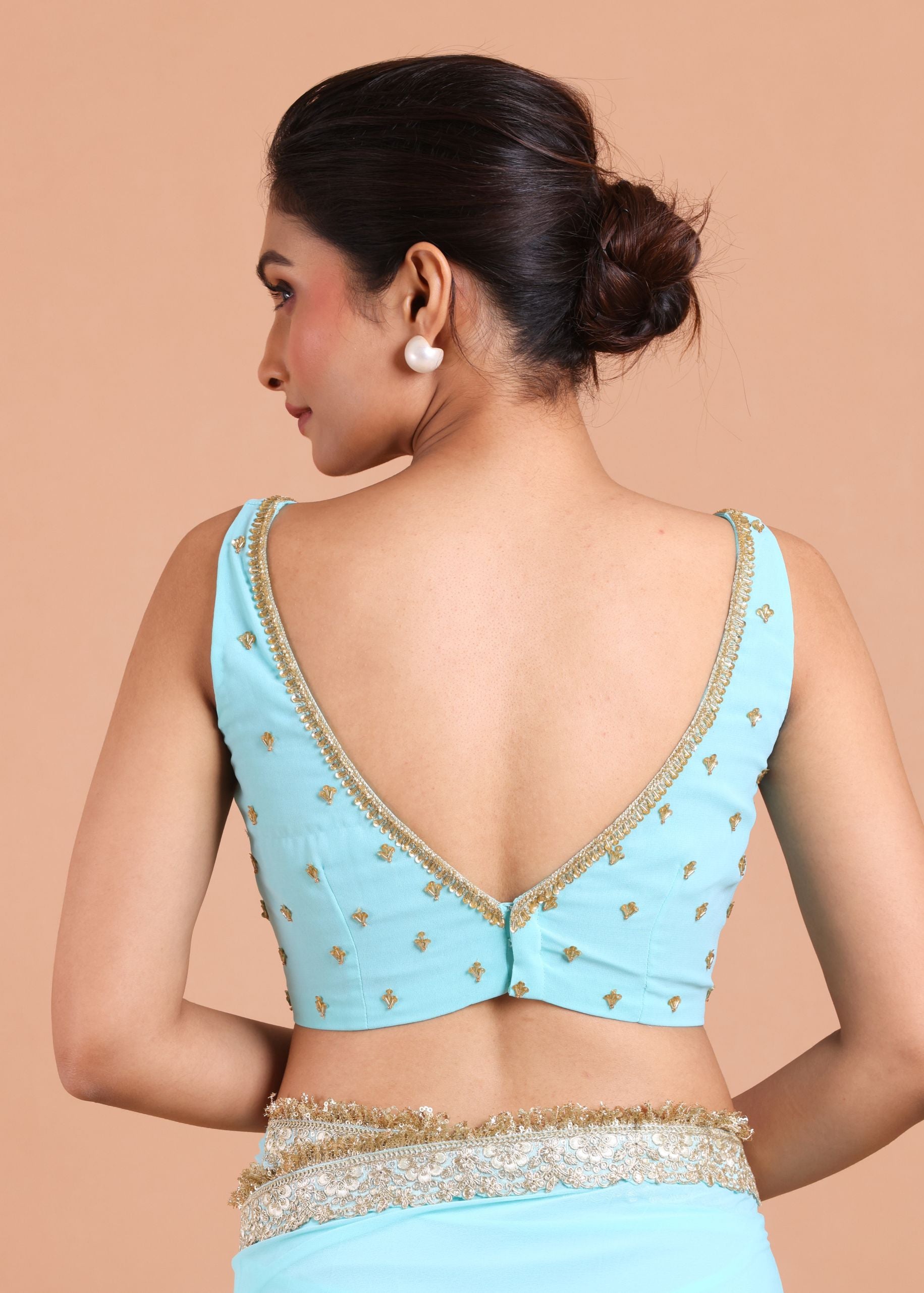 Sky Blue Georgette Saree Blouse Set With Embroidered Work Blouse back design