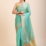 Sky Blue Kota Silk Saree With Golden Border and Pallu - Anvi Couture