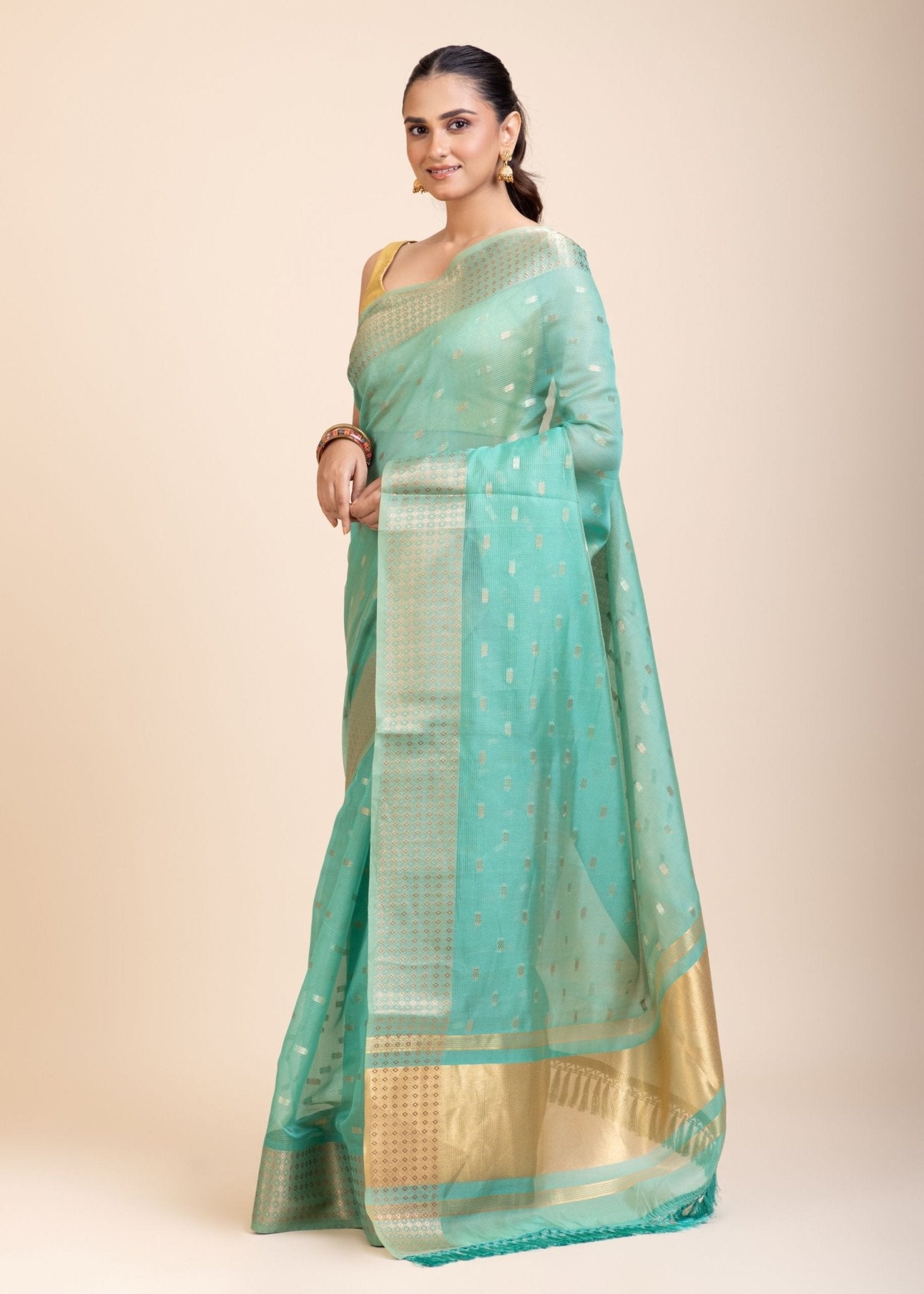 Sky Blue Kota Silk Saree With Golden Border and Pallu - Anvi Couture