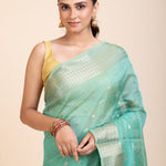 Sky Blue Kota Silk Saree With Golden Border and Pallu - Anvi Couture