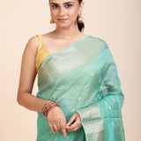 Sky Blue Kota Silk Saree With Golden Border and Pallu - Anvi Couture