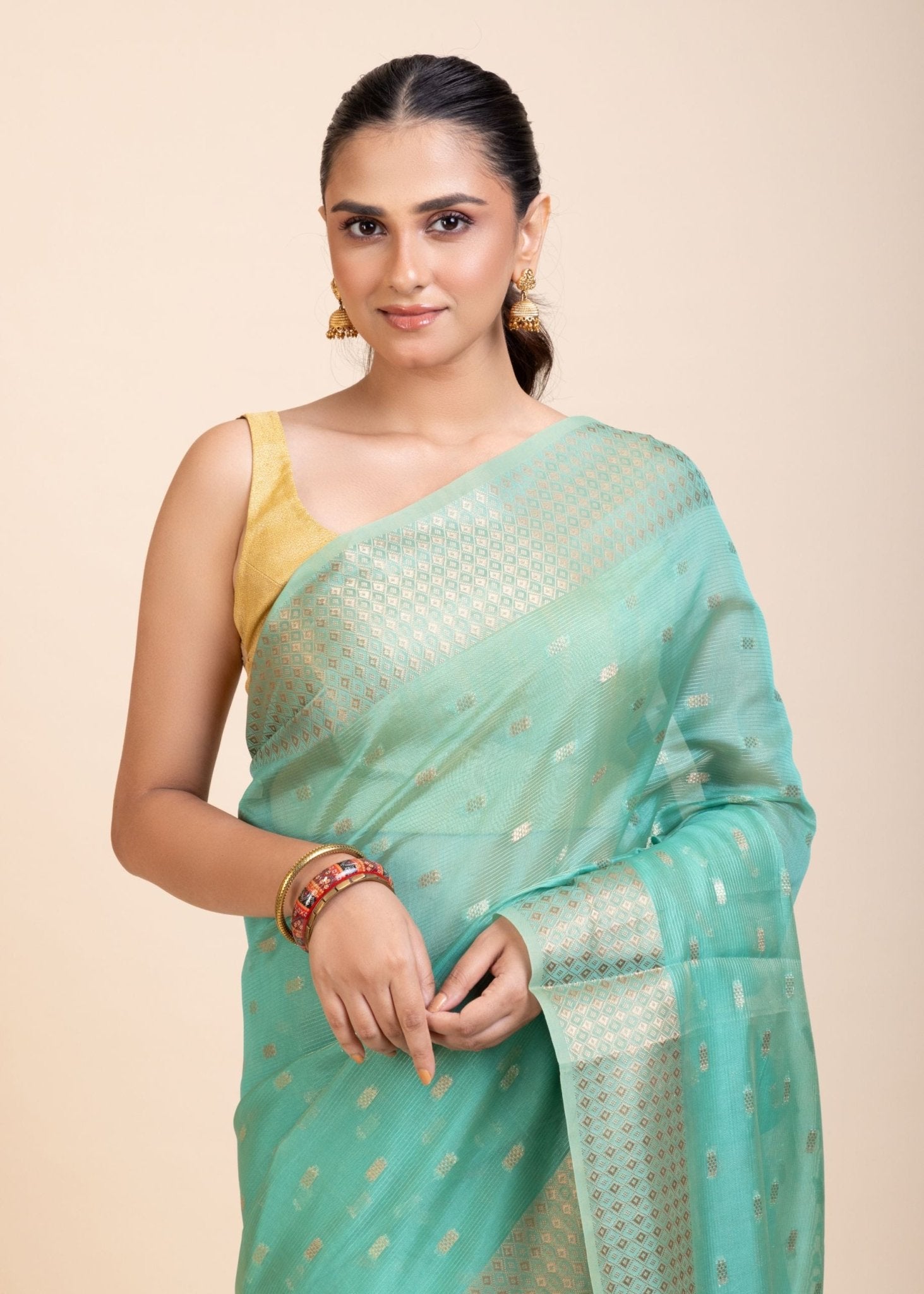 Sky Blue Kota Silk Saree With Golden Border and Pallu - Anvi Couture