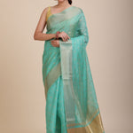 Sky Blue Kota Silk Saree With Golden Border and Pallu Full
