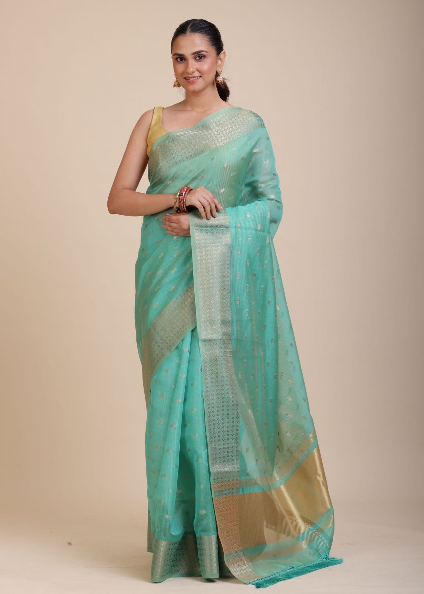 Sky Blue Kota Silk Saree With Golden Border and Pallu - Anvi Couture