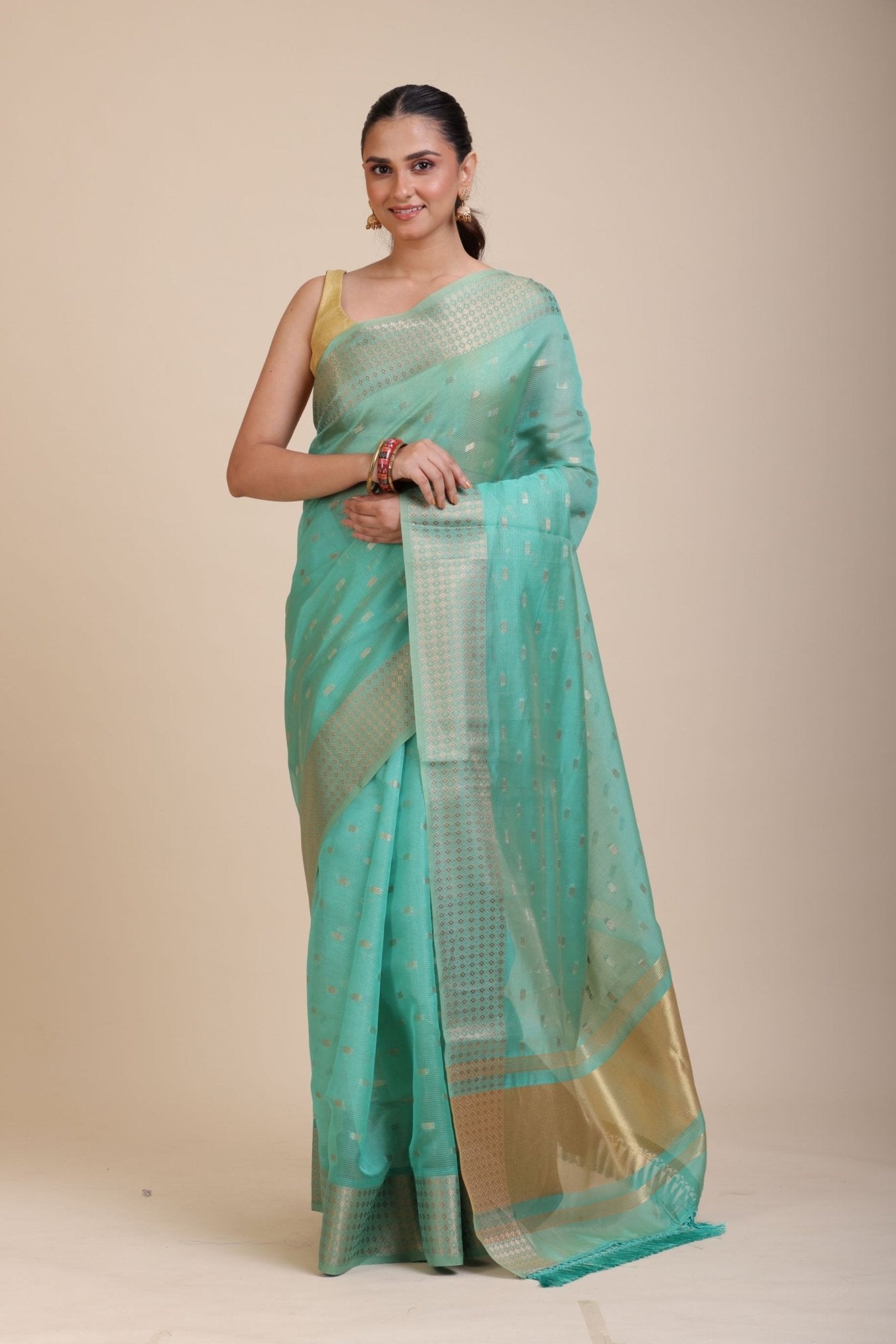 Sky Blue Kota Silk Saree With Golden Border and Pallu - Anvi Couture