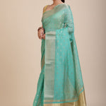 Sky Blue Kota Silk Saree With Golden Border and Pallu Front
