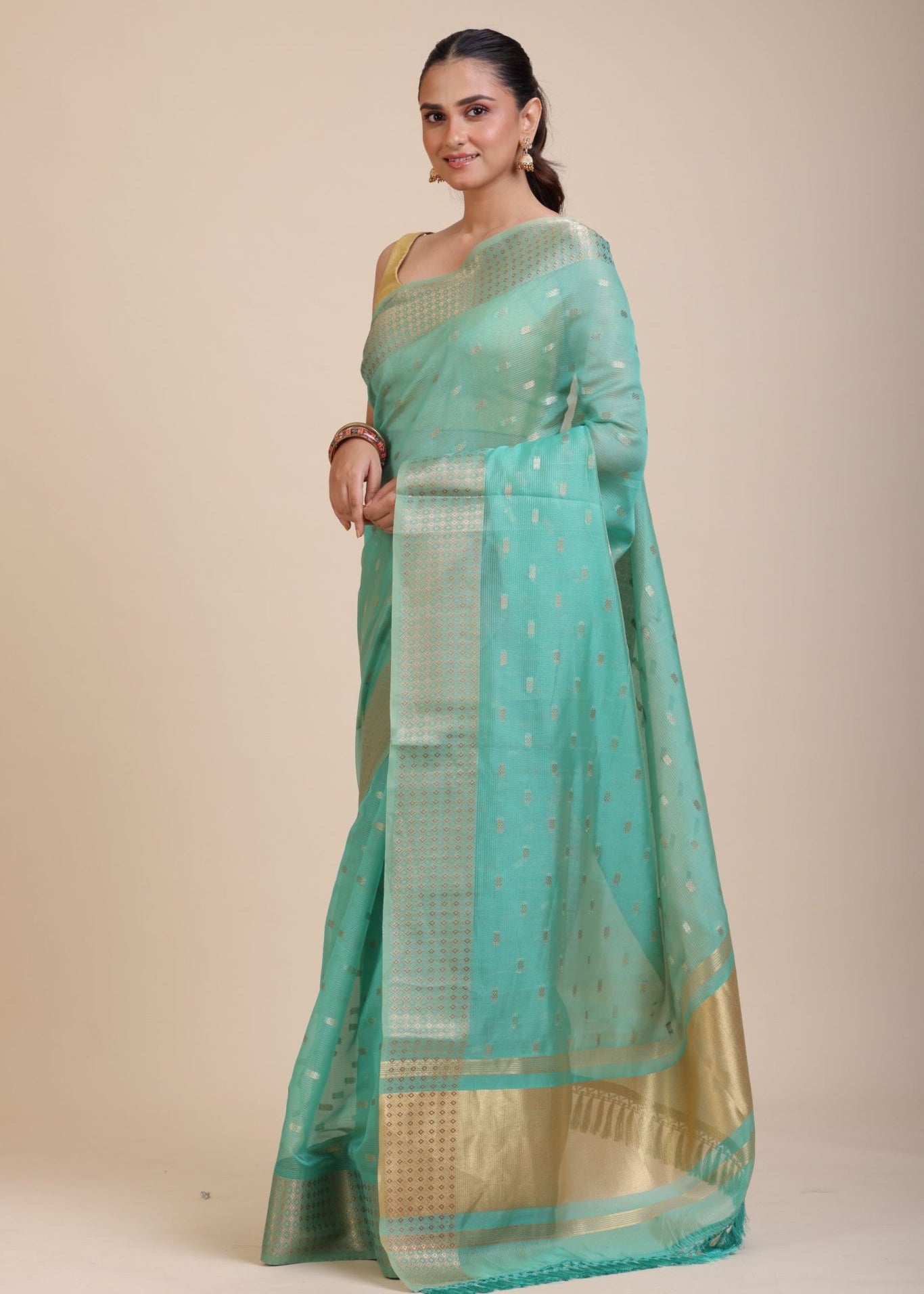 Sky Blue Kota Silk Saree With Golden Border and Pallu - Anvi Couture
