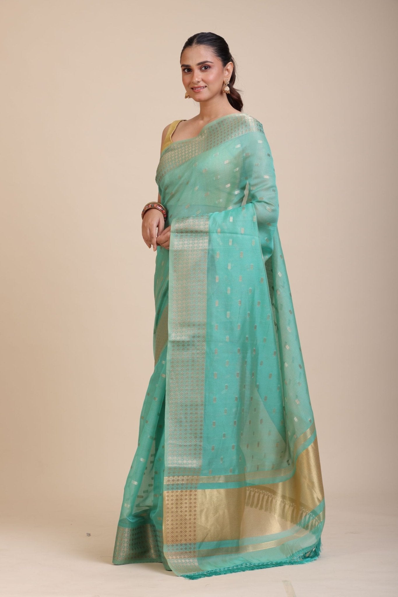 Sky Blue Kota Silk Saree With Golden Border and Pallu - Anvi Couture