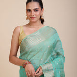 Sky Blue Kota Silk Saree With Golden Border and Pallu Close Up
