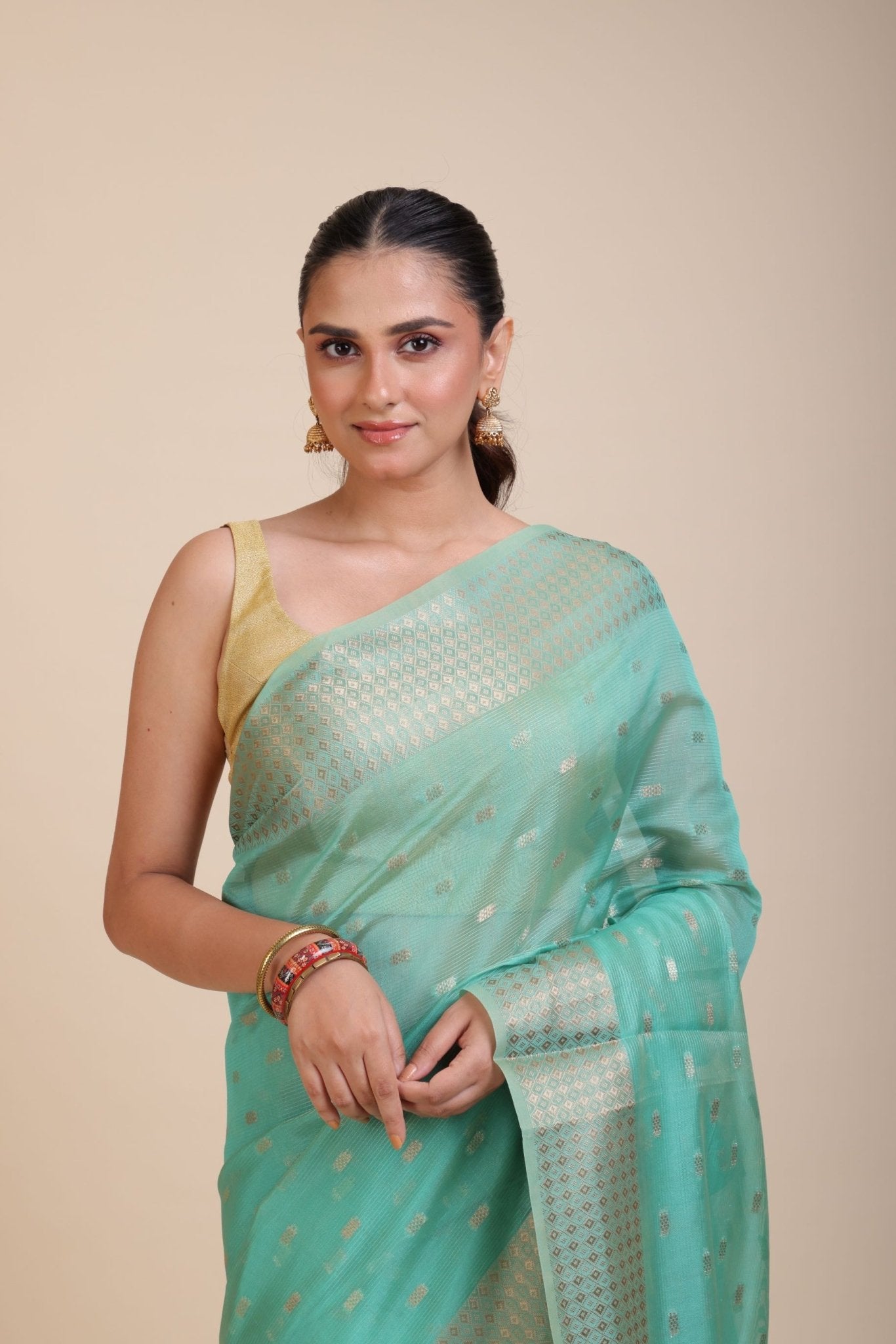 Sky Blue Kota Silk Saree With Golden Border and Pallu - Anvi Couture