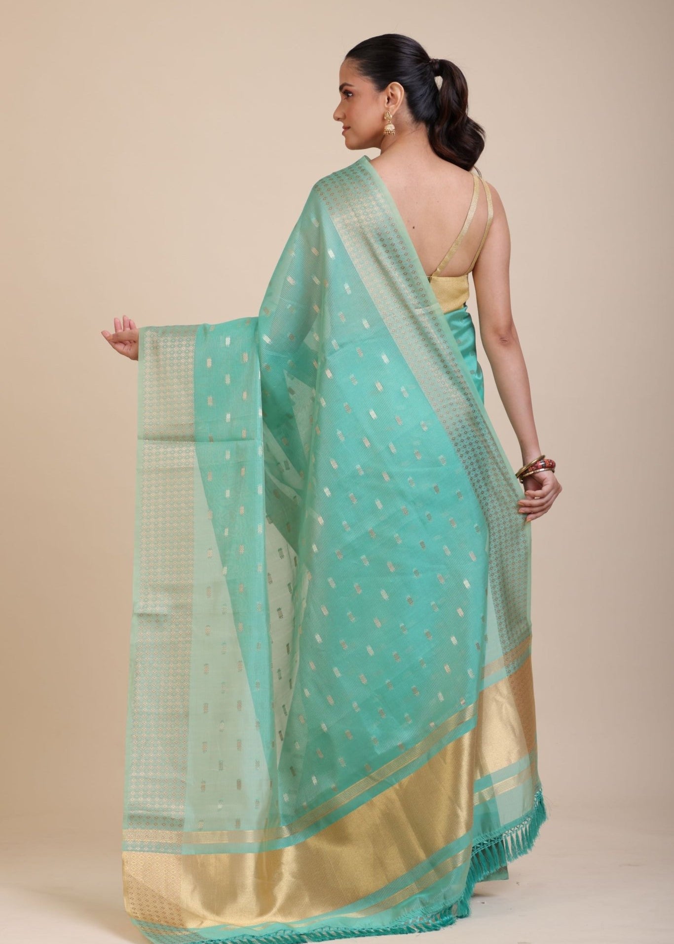 Sky Blue Kota Silk Saree With Golden Border and Pallu - Anvi Couture