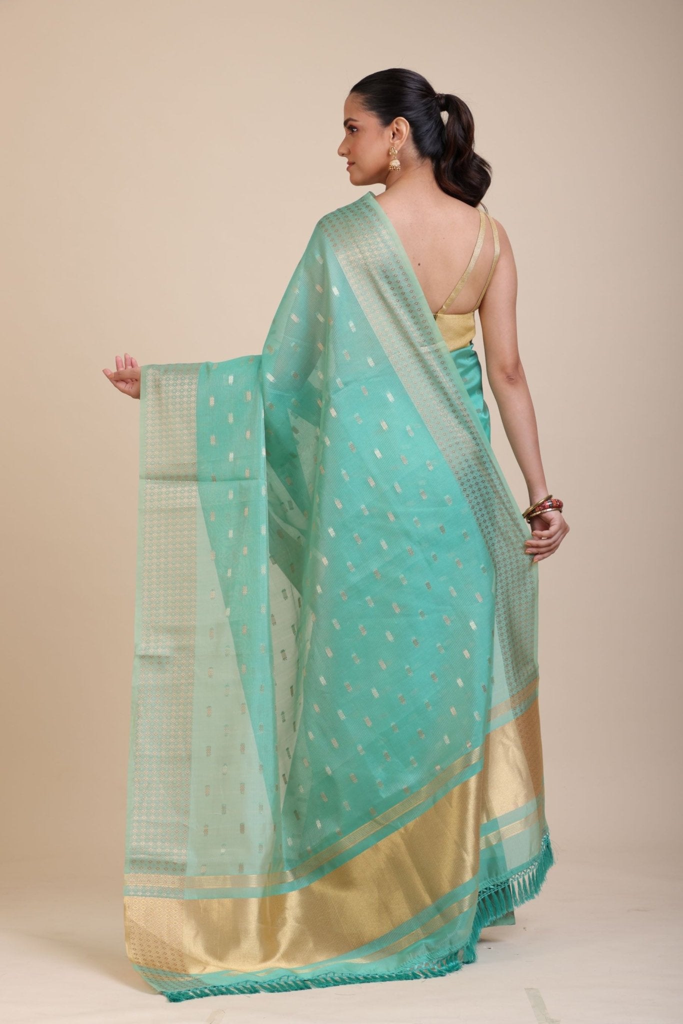Sky Blue Kota Silk Saree With Golden Border and Pallu - Anvi Couture