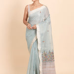 Sky Blue Lilen Tissue Saree With Floral Embroidered full