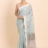 Sky Blue Lilen Tissue Saree With Floral Embroidered full