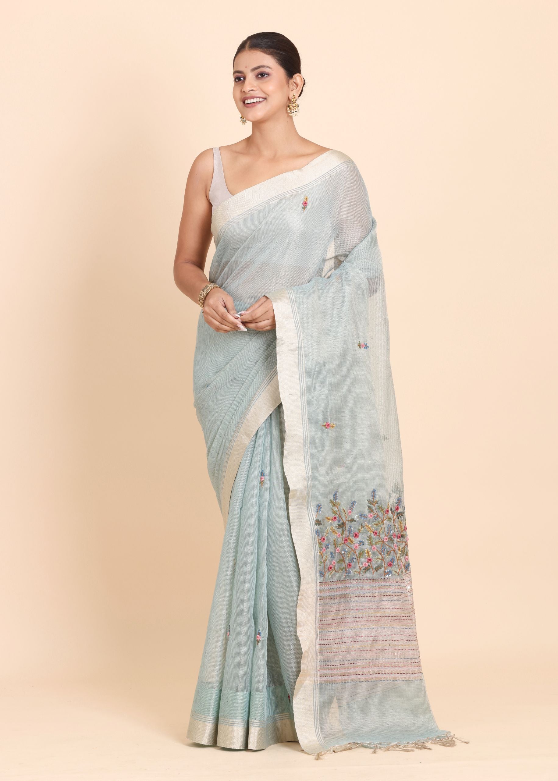 Sky Blue Lilen Tissue Saree With Floral Embroidered full