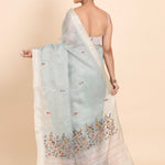 Sky Blue Lilen Tissue Saree With Floral Embroidered side