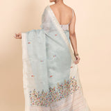 Sky Blue Lilen Tissue Saree With Floral Embroidered side