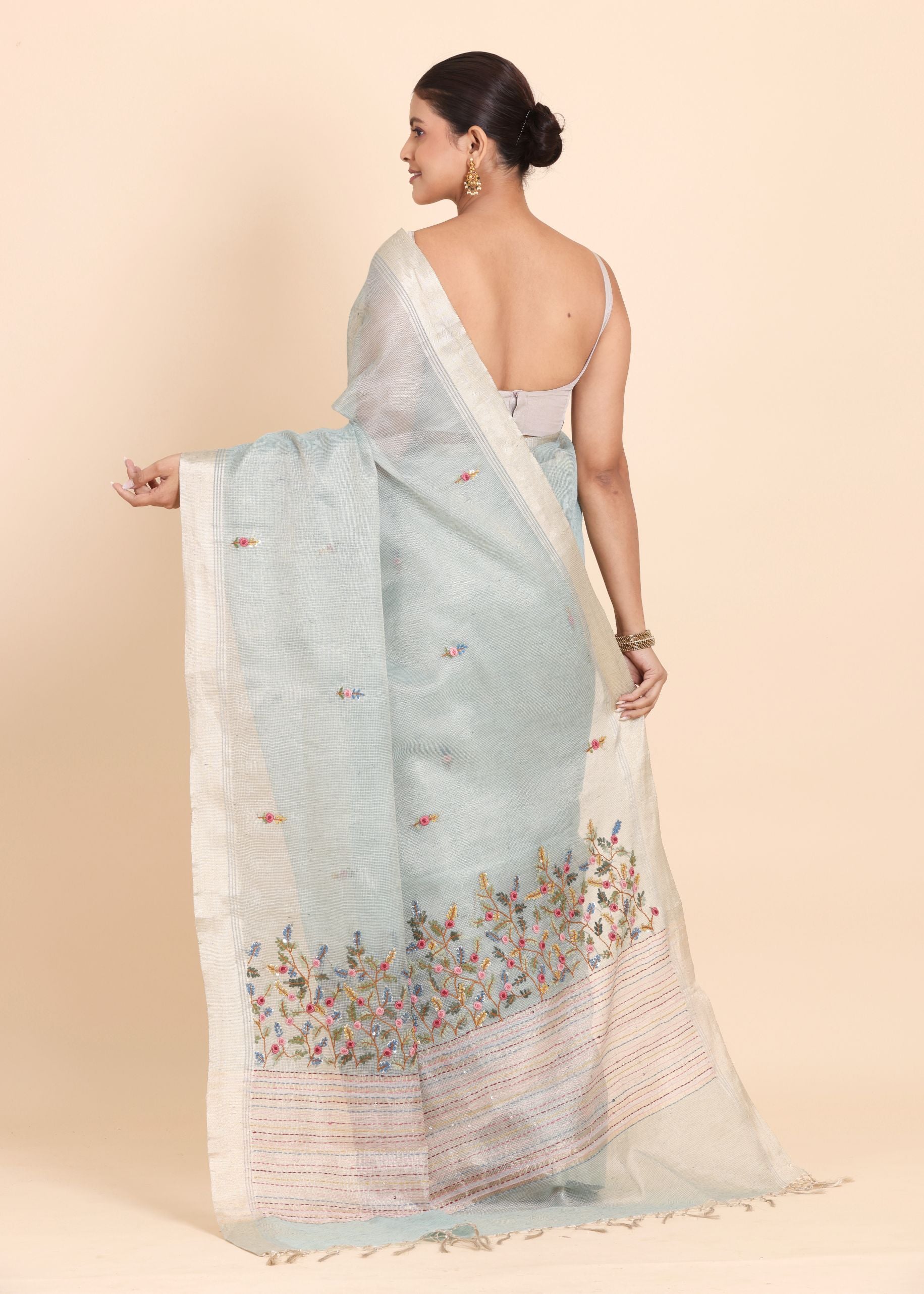 Sky Blue Lilen Tissue Saree With Floral Embroidered side