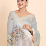Sky Blue Lilen Tissue Saree With Floral Embroidered close up