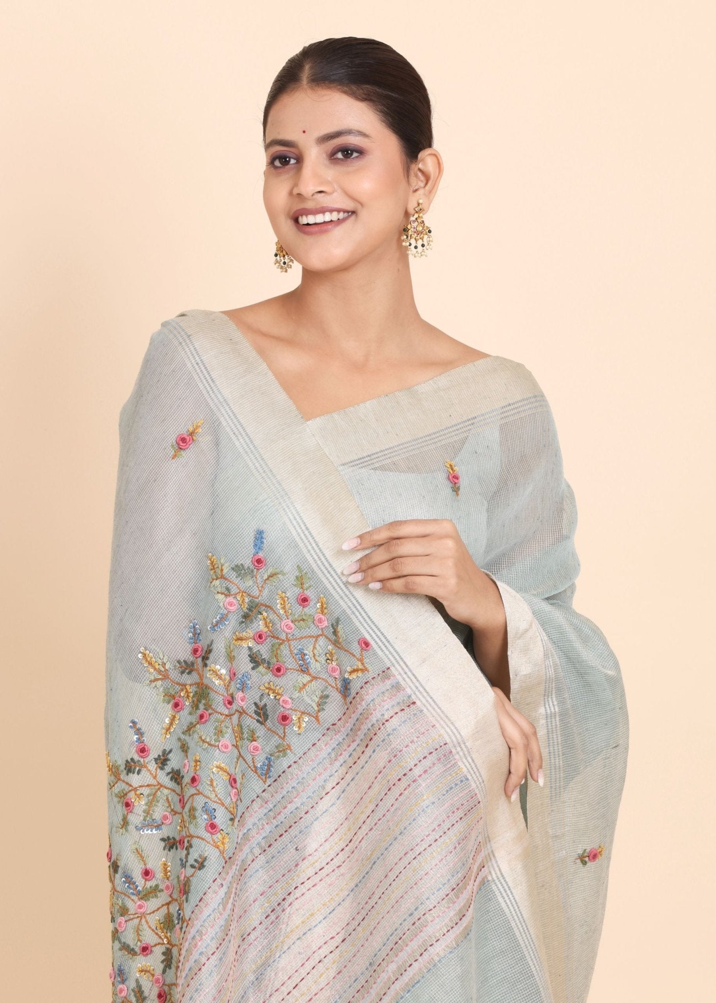 Sky Blue Linen Tissue Saree With Floral Embroidered - Anvi Couture