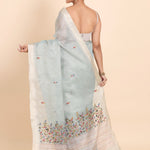 Sky Blue Lilen Tissue Saree With Floral Embroidered back